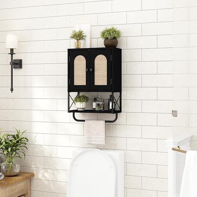 RUSTOWN Rattan Bathroom Wall Cabinet, Boho Over The Toilet Storage Cabinet with Arched Rattan Doors, Modern Medicine Cabinet with Adjustable Shelves & Towel Bar (Black, Small)