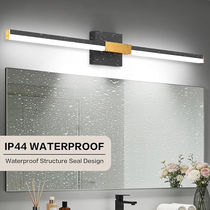 SOLFART Bathroom Lighting Fixtures Over Mirror: 32-Inch Black and Gold Dimmable Built-in Step Dimming Vanity Light ETL IP44