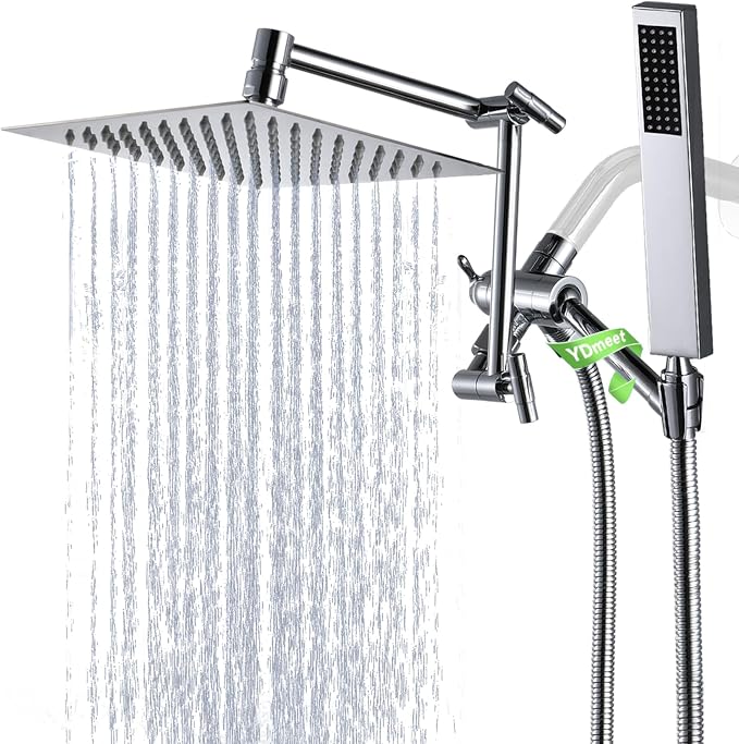 All Metal For California Rain Shower Head with Handheld Spray Combo, YDmeet 8 Inch Rainfall Shower Head, Stainless Steel Handheld, 3 Way Diverter, Adjustable Extended Arm, 71" Long Hose, Chrome