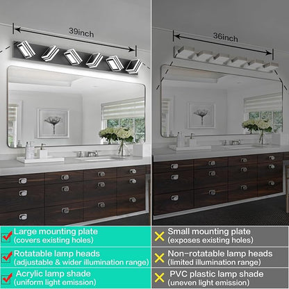 SOLFART Modern Black Vanity Lights Fixtures: 6 Lights Acrylic LED Matte Black Vanity Lights for Bathroom 39inch