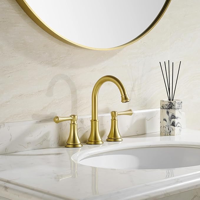 Brushed Gold 8 inch Widespread Bathroom Sink Faucet 3 Holes with Pop-Up Drain, 2 Handle Modern Bathroom/Vanity/Lavatory Faucet with Brass 360° Swivel Spout, TAF830Y-PB