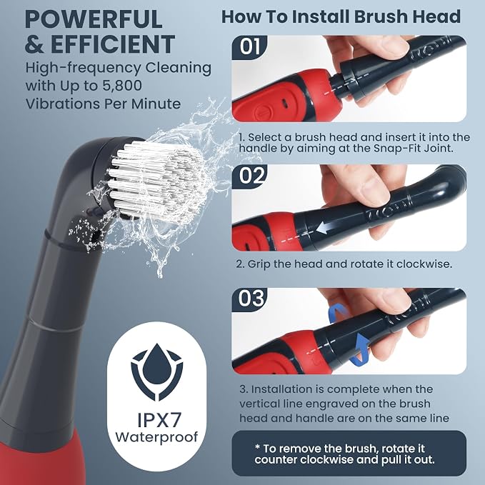 LifeBasis Cordless Rechargeable Power Scrubber Brush, Red | Water-resistant Compact Scrubber with 5 Replaceable Brush Heads for Grout, Tile, Shower, Tub, Kitchen and Bathroom Cleaning