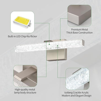 16 Inch Brushed Nickel LED Bathroom Vanity Light Fixtures, Iceberg Crushed Acrylic Modern Wall Sconce Lighting Over Mirror, 5500K Cool White Linear Vanity Lamp for Mirror Cabinet Powder Room