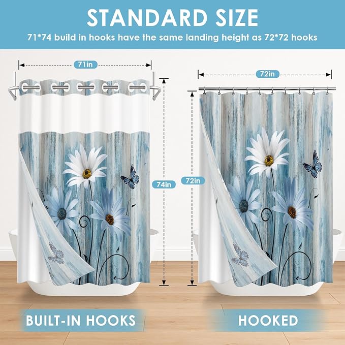No Hook Shower Curtain with Snap in Liner 71x74 Inch Daisy Floral | Wooden Rustic Blue Modern Double Layers Waterproof Fabric with See Through Top Window Open Grommet Bath Curtain