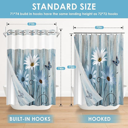 No Hook Shower Curtain with Snap in Liner 71x74 Inch Daisy Floral | Wooden Rustic Blue Modern Double Layers Waterproof Fabric with See Through Top Window Open Grommet Bath Curtain