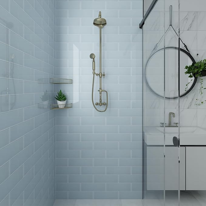 Ice Blue Glass Subway Tile, Glass for Bathroom Kitchen Shower Backsplash Wall, 4 x 12 Inches, 4 Sq.Ft.