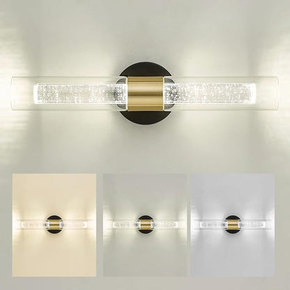 kudos Black and Gold LED Vanity Light, Crystal Bubble and Clear Glass, 3CCT | 11W, 1000 Lumens,3000K, 4500K and 6000K Selectable, Hardwired, for Bathroom, Bedroom and Over Mirror, KDVL05-BG-2