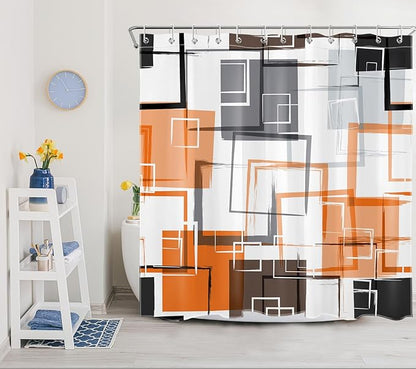 Orange Geometric Modern Shower Curtain for Bathroom Decor,Grey Black and White Abstract Striped Shower Curtain with Hooks Mid Century Minimalist Bathroom Shower Curtain Set,72L X 72W inches