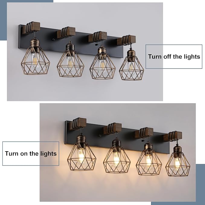 VbiTmn Black Gold Bathroom Light Fixtures, 4-Light Farmhouse Vanity Light | Wood Vanity Lights, Rustic Wall Mount Over Mirror for Bedroom & Hallway, Easy to Install, Sturdy Build for Bathroom Use
