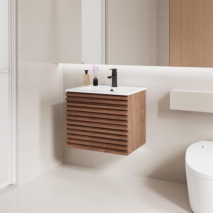 LUCKWIND 24" Floating Bathroom Vanity with Sink, Mid-Century Wall Mounted Big Drawer Cabinet with Ceramic Sink, Water Saving Faucet and Wood Stripes Style, Walnut