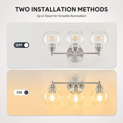 VONLUCE 3 Light Bathroom Vanity Light Fixtures, Brushed Nickel Finish | Globe Glass Shades, E26 Sockets, Easy to install, ETL Certificated, Vanity Lights for Bedroom Hallway Living Room