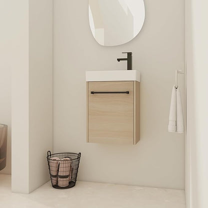 KEIKI 16'' Bathroom Vanity Cabinet with Sink, Wall Mounted Floating Bathroom Vanity with Soft-Close Cabinet Door, for Small Bathroom, Light Oak