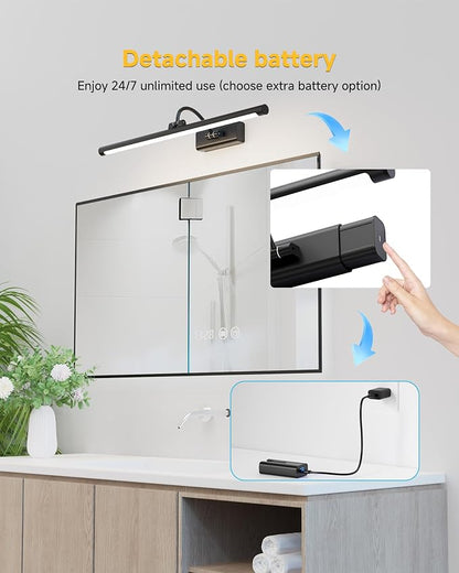 Vanity Lights for Bathroom Black 24 inch Bathroom Lamps for Wall | 10000mAh Rechargeable, No Wiring, 500LM Dimmable 3CCT, with 1 Removable Battery for Bathrooms Mirror,Hallway Pictures