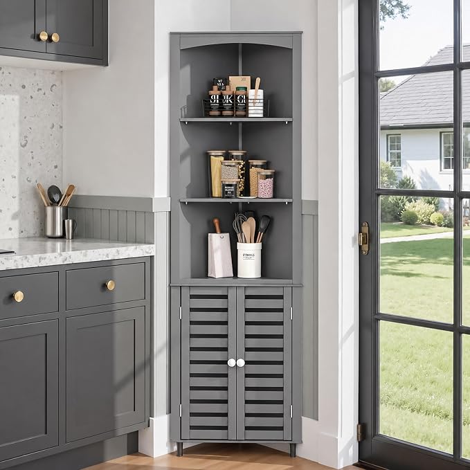 VECELO Bathroom Corner Cabinet, Triangle Open Shelving Shelf, Tall Freestanding Storage Hutch for Kitchen, Living Dining Room with Adjustable Storage Shelves and Doors, Grey