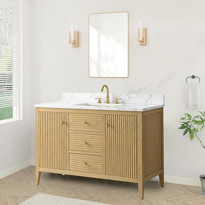 HOMEBEYOND 48" Bathroom Vanity with Sink, Solid Wood Bathroom Vanity Free-Standing Cabinet, Drawers, Ceramic Top & Soft Closing Door, Golden Brushed Handware, Natural Oak