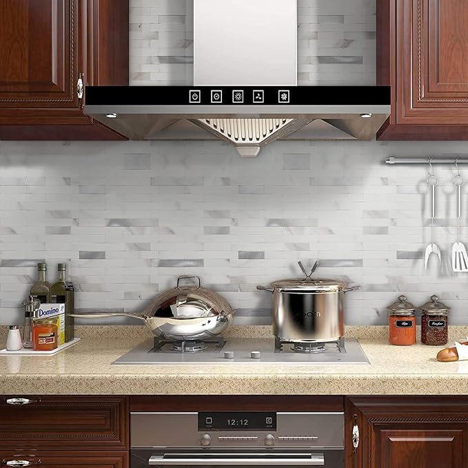 STICKGOO Peel and Stick Backsplash,PVC Wall Tiles Stick on Backsplash for Kitchen(1 Sheet, Statuario White with Metal Silver)