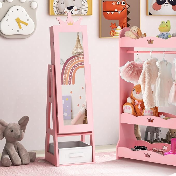 CHARMAID Kids Standing Jewelry Armoire - 45.5'' Pink Jewelry Cabinet with Full Length Mirror, Storage Drawer, Back Shelf and Kids Jewelry Organizer Box Vanity Dressing Mirror for Girls