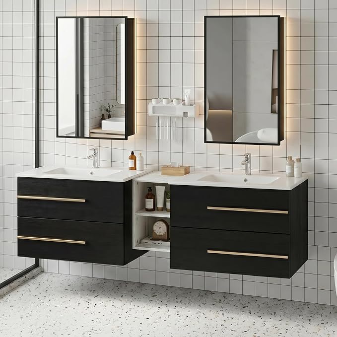 72 Inch Floating Double Sink Bathroom Vanity, Modern Bathroom Vanity with Sink & Large Storage Drawers, Wall Mounted Bathroom Sink Cabinet, Black&White