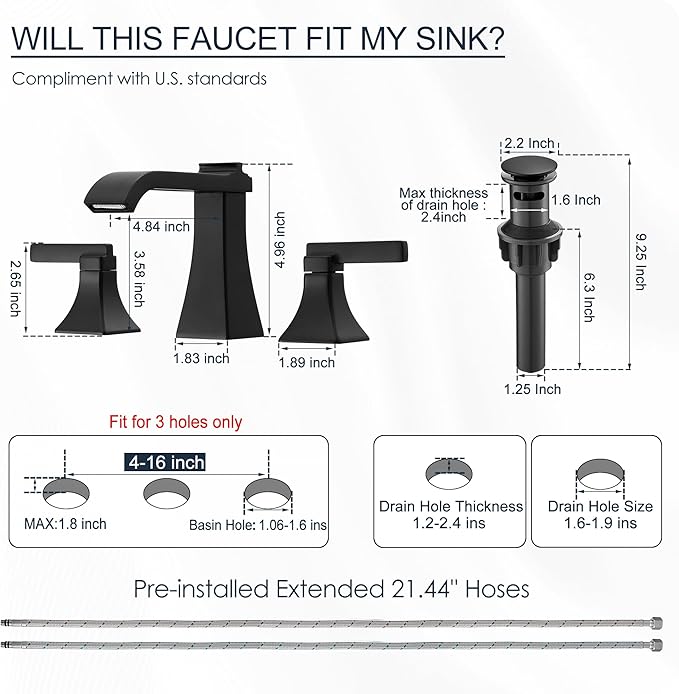 Matte Black Waterfall Bathroom Faucet 3 Hole, Brass 8 Inch Widespread Bathroom Sink Faucet Included Pop-Up Drain, 2 Handles & Pre-Connected cUPC Hose for Vanity, Modern Hollowed Design
