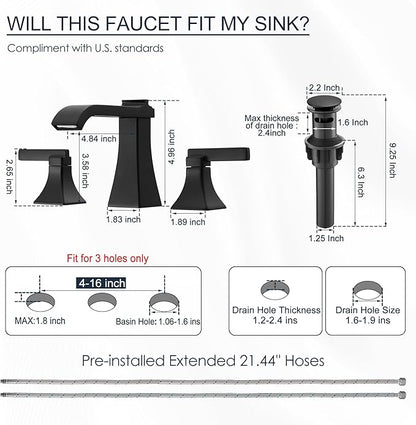 Matte Black Waterfall Bathroom Faucet 3 Hole, Brass 8 Inch Widespread Bathroom Sink Faucet Included Pop-Up Drain, 2 Handles & Pre-Connected cUPC Hose for Vanity, Modern Hollowed Design