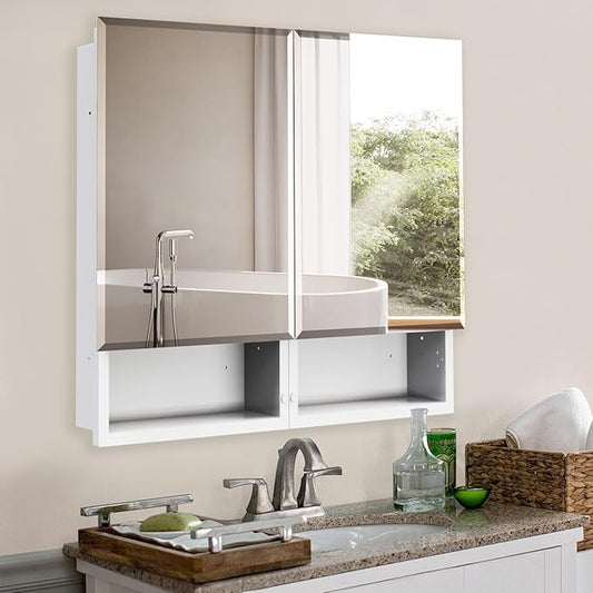 32 x 26 Inches Bathroom Medicine Cabinet with Mirror, Double Door Bathroom Mirror Cabinet, Surface or Recessed Mount White Storage Cabinet, Frameless Beveled Edge Wall Mounted Mirror Cabinet