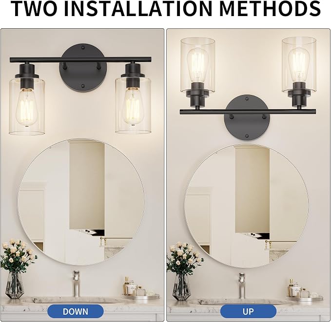 GORDNWE Modern Vanity Light - 2 Lights Matte Black Wall Light Fixtures | E26 Bulb Base, Clear Glass Shade, Over Mirror, Farmhouse Style