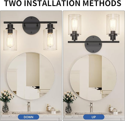 GORDNWE Modern Vanity Light - 2 Lights Matte Black Wall Light Fixtures | E26 Bulb Base, Clear Glass Shade, Over Mirror, Farmhouse Style