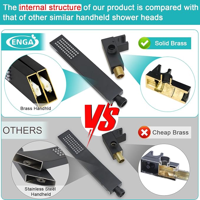 ENGA Square Matte Black Solid Brass Eco-Performance Hand Held Shower Head with Wall Connector and Hose Wall Mount Handheld Showerheads Set