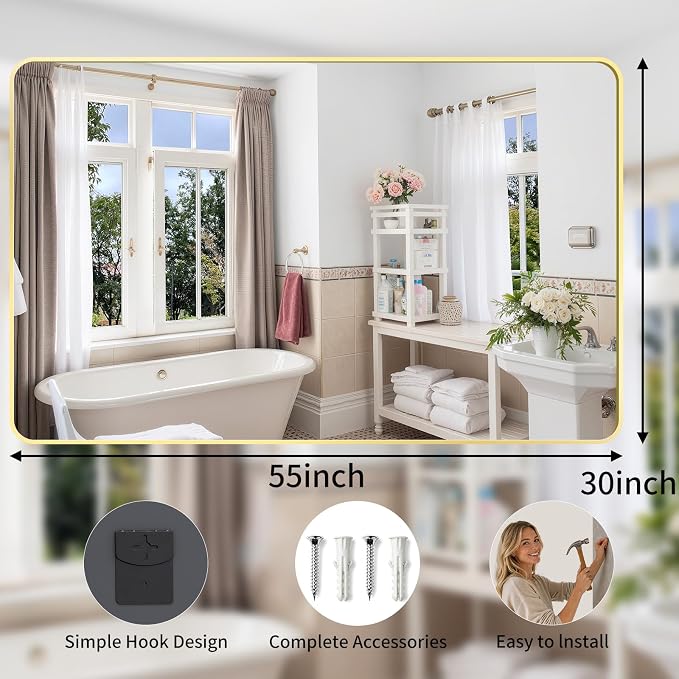 Bathroom Mirror for Wall, 30"x55" Black Bathroom Mirror for Over Sink, Shatterproof Tempered Glass Vanity Mirror with Anti-Rust Aluminum Alloy Frame, Hang Horizontally or Vertically, Gold