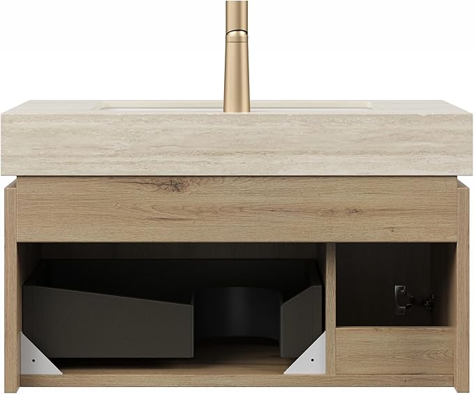 Bathroom Vanity with Sink 30 Inch, Floating Bathroom Vanity Sink Cabinet with Drawer and Door, Undermount Sink & Travertine-Pattern Sintered Stone Top, Pre-Assembled, White Oak
