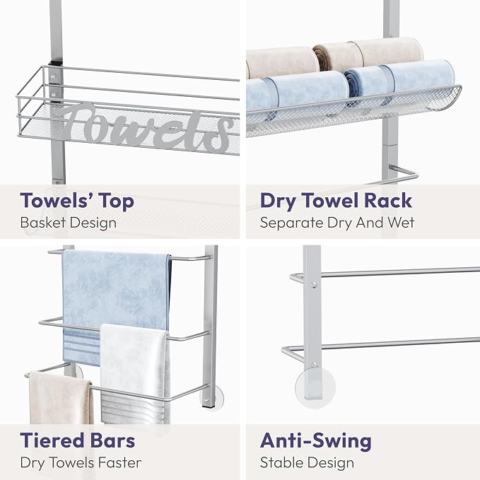 SWTYMIKI Over the Door Towel Racks for Bathroom - 5-Tier Wall Mounted Bathroom Towel Storage Organizer Holder with Metal Shelf, Sliver