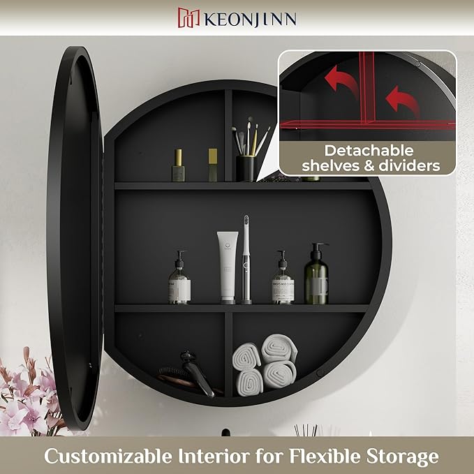 Keonjinn 28 x 28 Inch Round Black Mirror Medicine Cabinet Wall Mounted, Circular Modern Medicine Cabinet with Mirror, Black Framed Medicine Cabinets with Mirror, Vanity Bathroom Mirrors with Storage