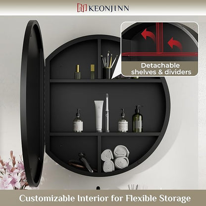 Keonjinn 28 x 28 Inch Round Black Mirror Medicine Cabinet Wall Mounted, Circular Modern Medicine Cabinet with Mirror, Black Framed Medicine Cabinets with Mirror, Vanity Bathroom Mirrors with Storage
