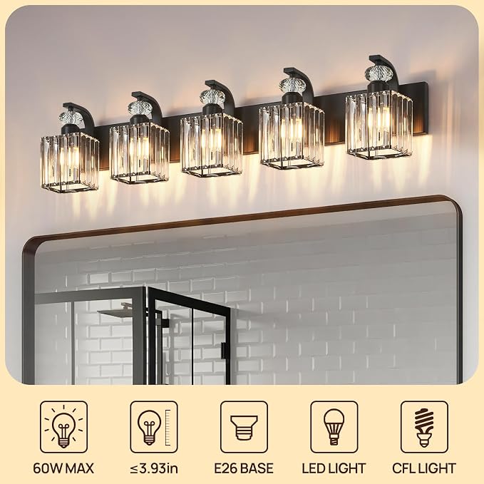 Modern Bathroom Vanity Light, 5-Light Black Bathroom Lighting Fixtures Over Mirror, 36.3" Crystal Wall Light Sconce for Bathroom/Bedroom/Vanity, Includes LED Bulbs, Easy Installation
