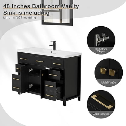 LUCKWIND 48" Modern Bathroom Vanity and Sink, Painted Bathroom Storage Cabinet with Single Resin Sink, Two Doors and Four Drawers, Include Faucet Without Mirror, Black
