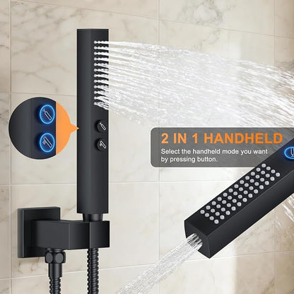 Shower System with Tub Spout, Ceiling Mounted Bathtub Shower Faucet Set, 12" Rainfall Shower Head and Handheld Shower Combo, High Pressure Shower Fixtures Set with Rough-in Valve, Matte Black