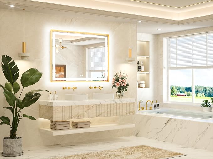 48 x 36 Bathroom LED Mirror Brushed Gold Metal Frame Frontlit & Backlit Vanity Mirror Stepless Dimmable Anti-Fog 3 Colors White/Warm/Natural Light up Vanity Mirror Wall-Mounted