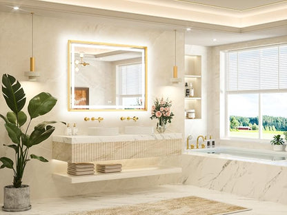 48 x 36 Bathroom LED Mirror Brushed Gold Metal Frame Frontlit & Backlit Vanity Mirror Stepless Dimmable Anti-Fog 3 Colors White/Warm/Natural Light up Vanity Mirror Wall-Mounted