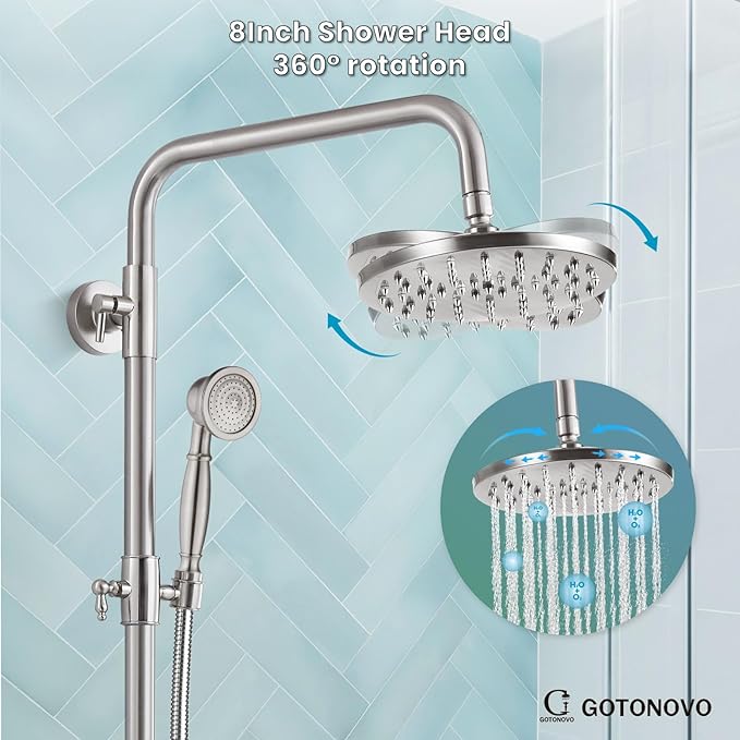 gotonovo Exposed Shower Faucet Set 8 Inch Rainfall Showerhead 3-Function Shower Fixture with Tub Spout 2 Corss Handles Shower System, Brushed Nickel