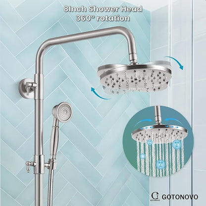 gotonovo Exposed Shower Faucet Set 8 Inch Rainfall Showerhead 3-Function Shower Fixture with Tub Spout 2 Corss Handles Shower System, Brushed Nickel