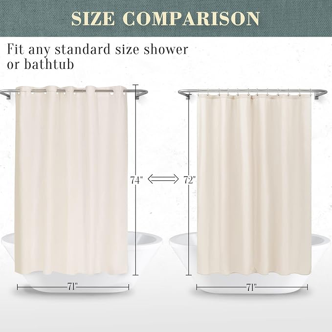 No Hook PEVA Shower Curtain or Liner, Standard Size 71 x 74, Beige | 8G Heavy Duty, Beige Bathroom Shower Curtain, No Hooks Required, Waterproof Plastic & PVC Free