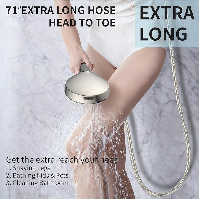 Brushed Nickel Handheld Shower Head, 9 Spray Modes High Pressure Showerhead | 71 Inch Kink-free Hose, Power Wash for Low Pressure Homes, Pet Tub Tile Cleaning