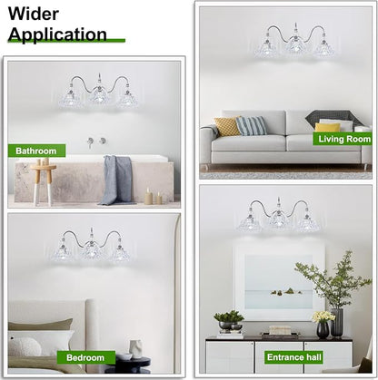 Chrome Bathroom Vanity Light Fixtures 3 Lights Vanity Lights for Bathroom with Floral Crystal Glass Shade Modern Wall Sconce Light for Mirror(Exclude E26 Bulb)