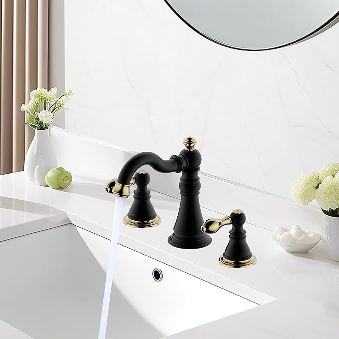 Two Handle Bathroom Sink Faucet 3 Hole 8 Inch Widespread with Pop up Drain,High Arc Lavatory Faucet,Matte Black with Polished Brass Trim Finished,F-8805-MG