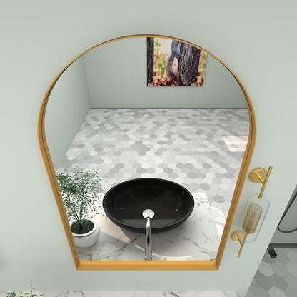 24" WX36 H Farmhouse Framed Medicine Cabinet with Mirror, Matte Gold Finish, Recessed or Surface Mount, Adjustable Shelves, Arched Cabinet Door, Arched Shape, Easy to Install, 24x36 Cabinet