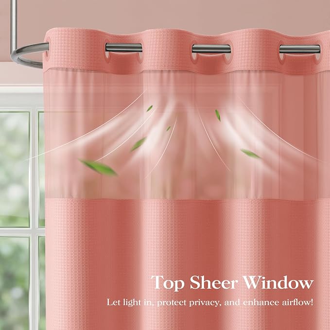 Coral Hook Free Waffle Shower Curtain & Snap-in Fabric Liner,72x81 | Less Time to install, 3 in 1 Fabric Shower Curtain and Liner Set with Magnets, Long, Shower Curtains for Bathroom