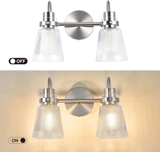 2-Light Brushed Nickel Bathroom Light Fixtures 13.8 Inch Vanity Lights for Bathroom Lighting Fixtures Over Mirror with Clear Striped Glass Shade for Bedroom Hallway Cabinet Porch