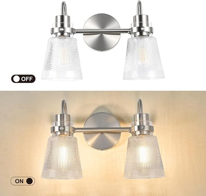 2-Light Brushed Nickel Bathroom Light Fixtures 13.8 Inch Vanity Lights for Bathroom Lighting Fixtures Over Mirror with Clear Striped Glass Shade for Bedroom Hallway Cabinet Porch