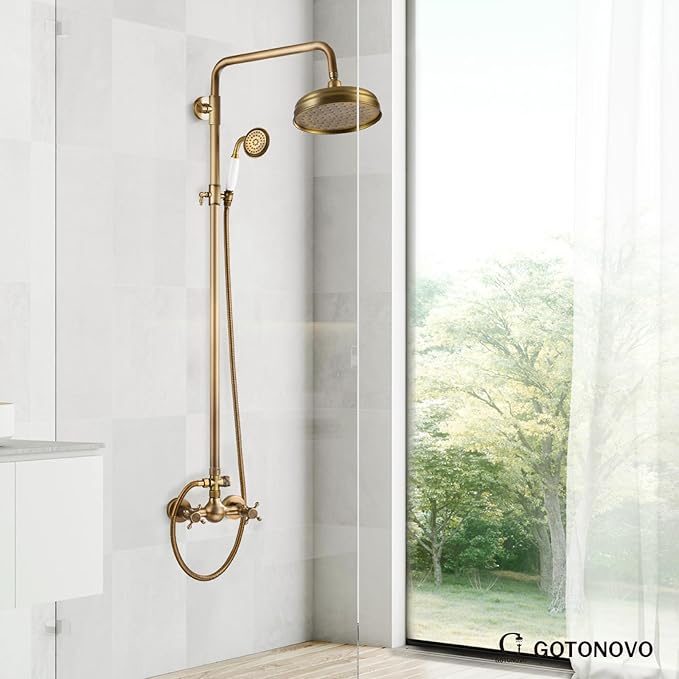 gotonovo Luxury Exposed Shower Faucet Set Bathroom Shower System 8 Inch Wall Mount Rainfall Shower Head with Handheld Spray Cross Double Handle Shower Fixture Adjustable Straight Rod Antique brass