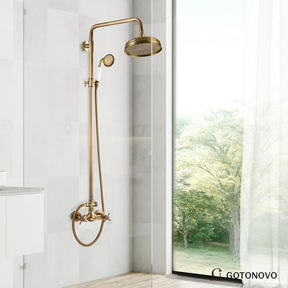 gotonovo Luxury Exposed Shower Faucet Set Bathroom Shower System 8 Inch Wall Mount Rainfall Shower Head with Handheld Spray Cross Double Handle Shower Fixture Adjustable Straight Rod Antique brass